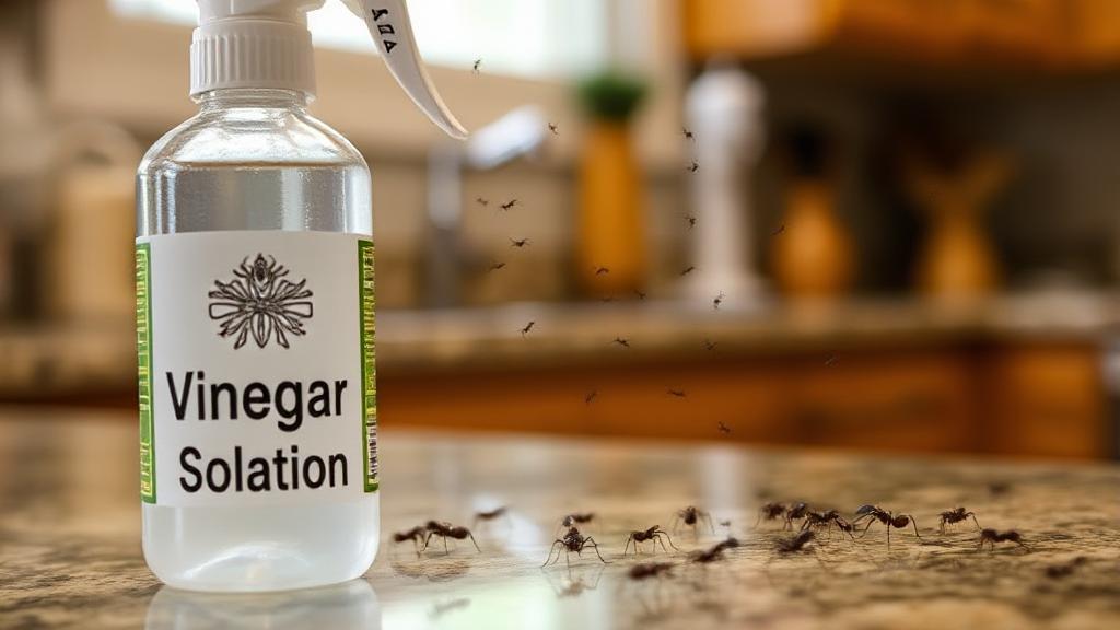 A close-up image of ants being repelled by a spray bottle labeled "Vinegar Solution" on a kitchen countertop.