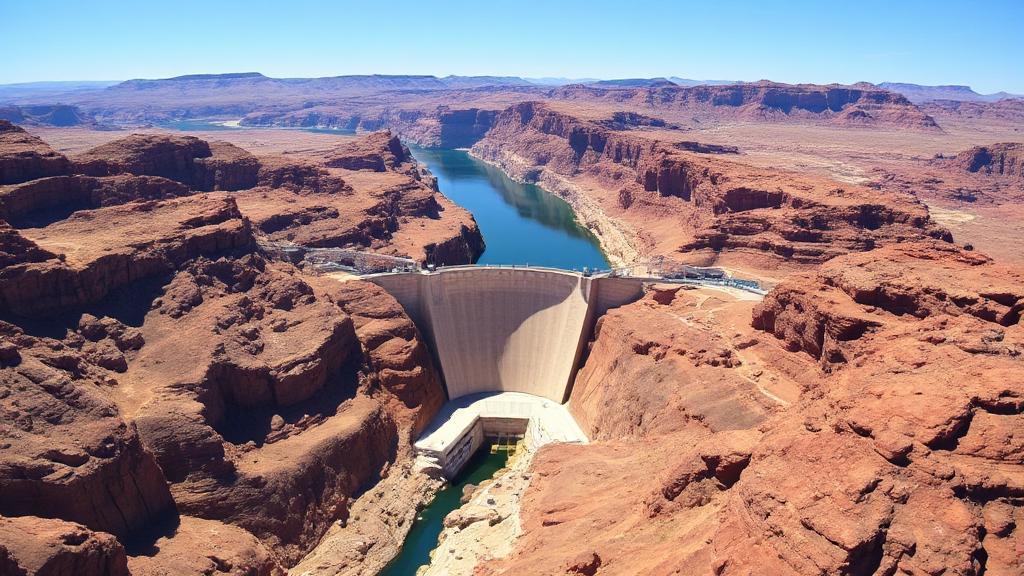 Aerial view of the Hoover Dam straddling the Colorado River between Nevada and Arizona, surrounded by rugged desert landscape.