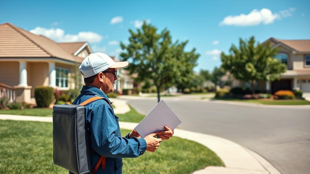 A postal worker delivering mail to a suburban neighborhood on a sunny day.