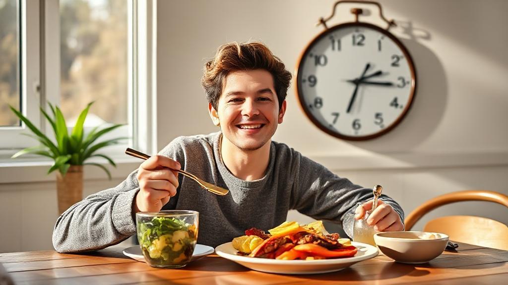 A cheerful person enjoying a healthy breakfast at a sunlit table, with a clock in the background symbolizing the concept of intermittent fasting.