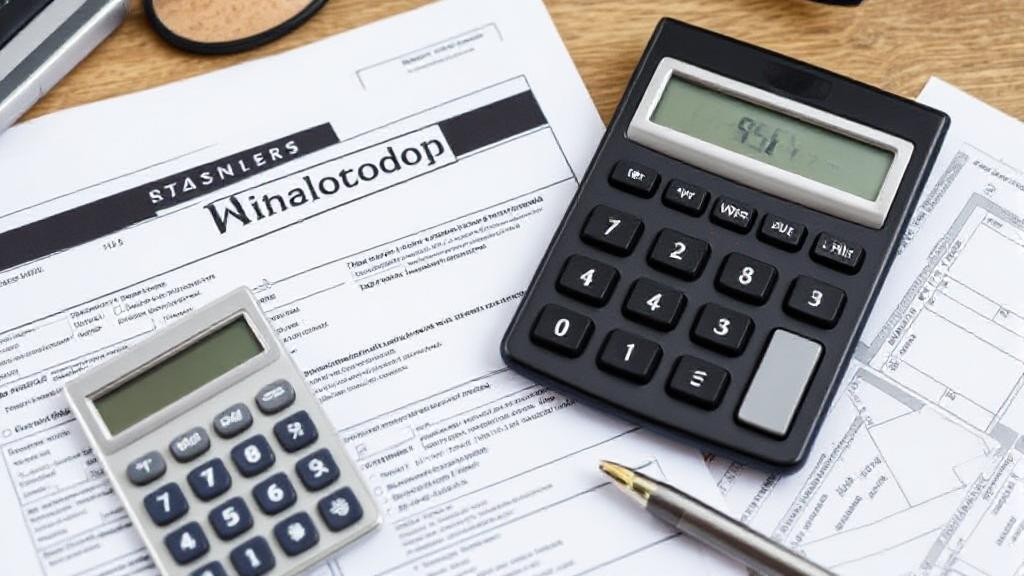 A visual representation of withholding taxes featuring a calculator, tax forms, and a pen on a desk.