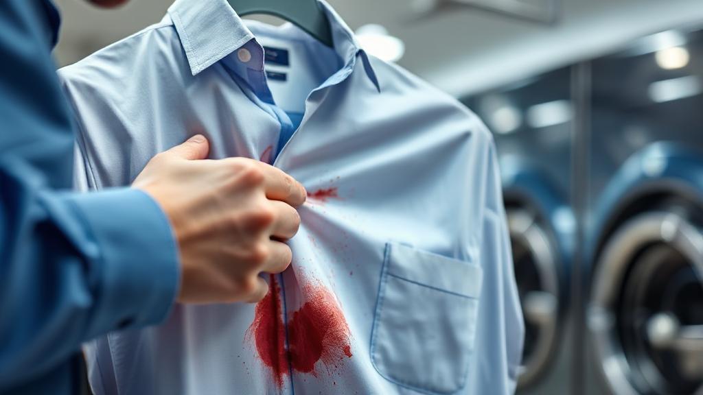A close-up image of a stained shirt being carefully examined by a dry cleaning professional in a well-lit, modern dry cleaning facility.