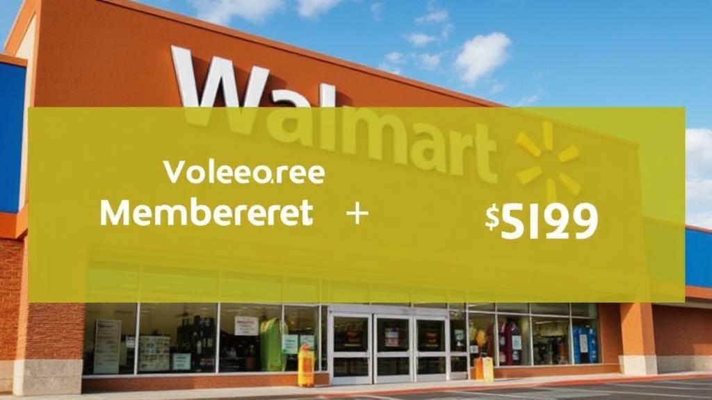 A vibrant header image featuring a Walmart storefront with a digital overlay highlighting membership perks and pricing details.