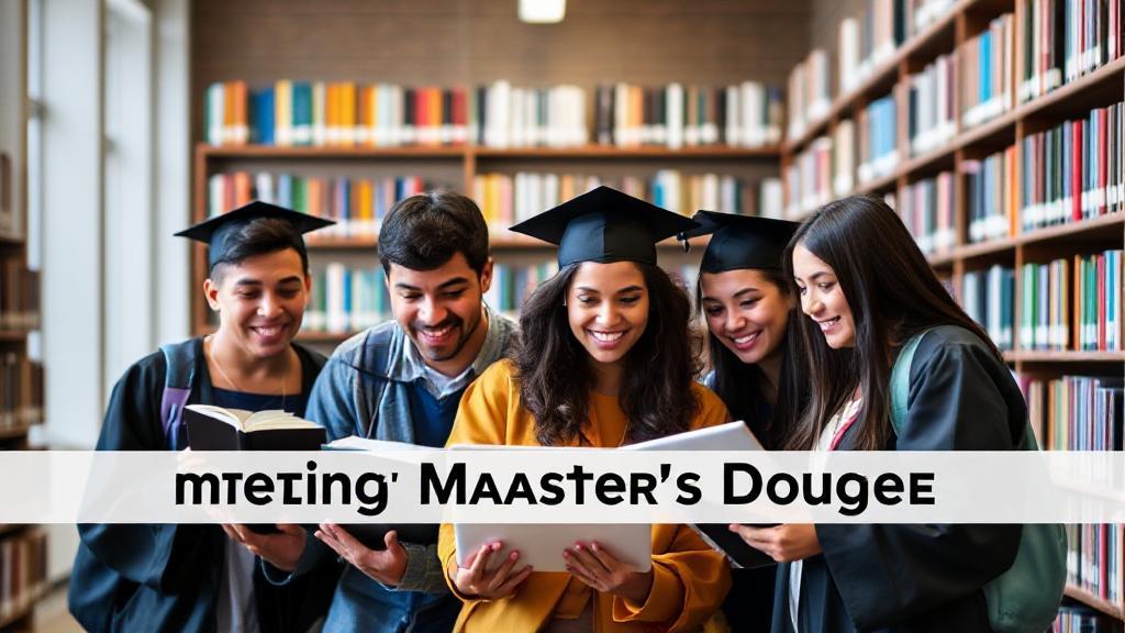 A diverse group of graduate students studying together in a university library, surrounded by books and laptops, symbolizing the journey of completing a master's degree.