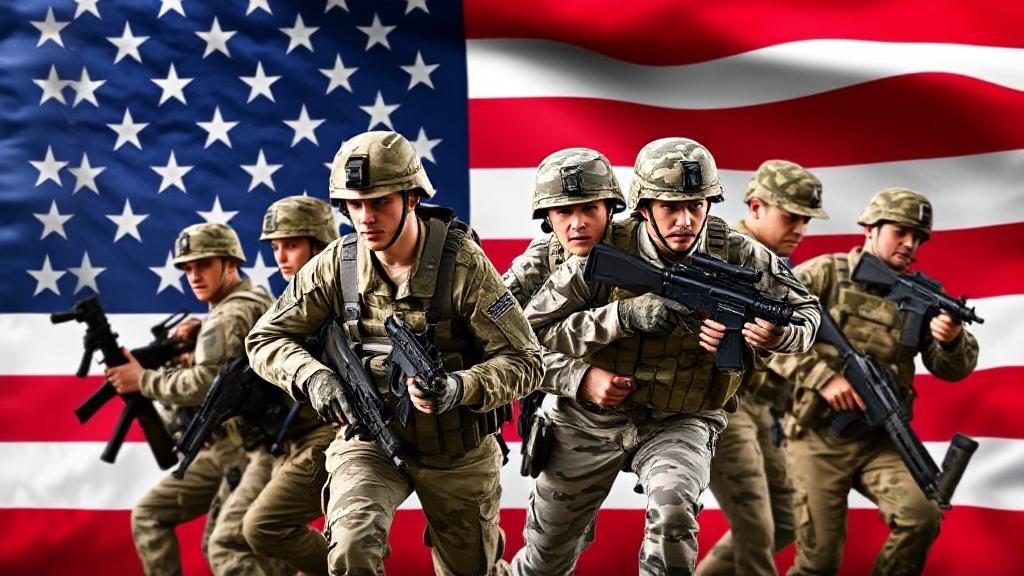 A dynamic collage of military personnel from different branches, each in action, set against a backdrop of the American flag.