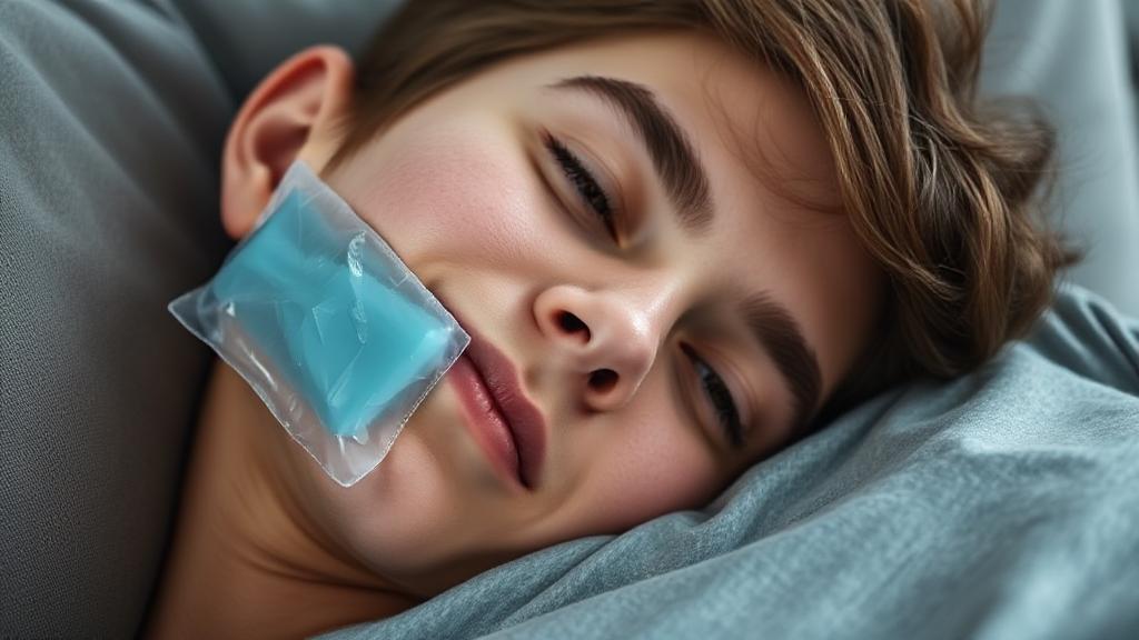 A close-up image of a serene young adult resting on a couch with an ice pack on their cheek, symbolizing recovery after wisdom teeth removal.