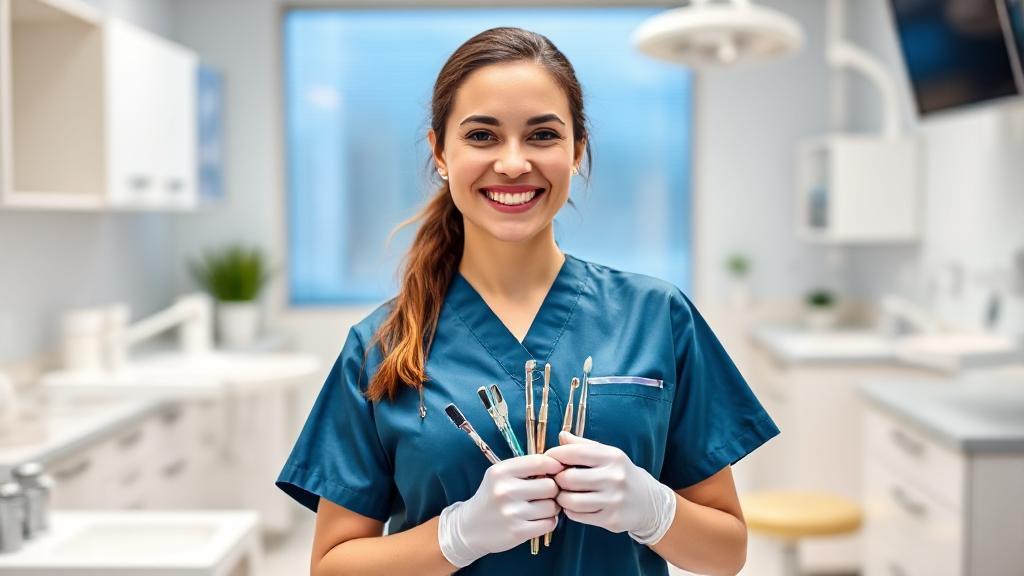A smiling dental hygienist in scrubs holding dental tools, standing in a bright, modern dental office.