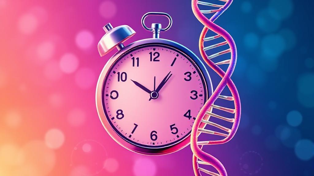 A vibrant illustration of a clock intertwined with a DNA helix, symbolizing the timely impact of semaglutide on human health.