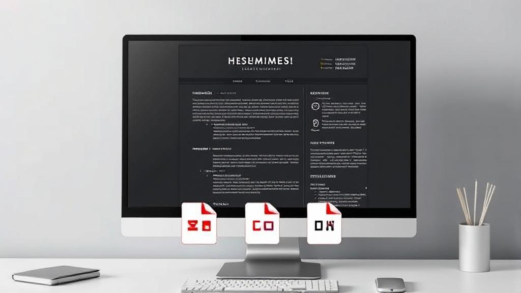 A sleek, modern resume template displayed on a computer screen, highlighting various file format icons like PDF, DOCX, and TXT.