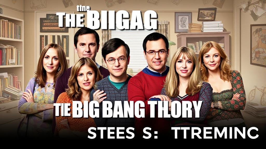 A vibrant collage of the main cast from "The Big Bang Theory" set against a backdrop of iconic show elements, like the apartment and comic books, highlighting the theme of streaming.