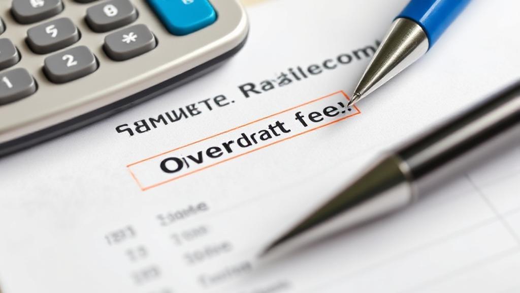 A close-up image of a bank statement highlighting an overdraft fee charge, with a pen and calculator nearby.