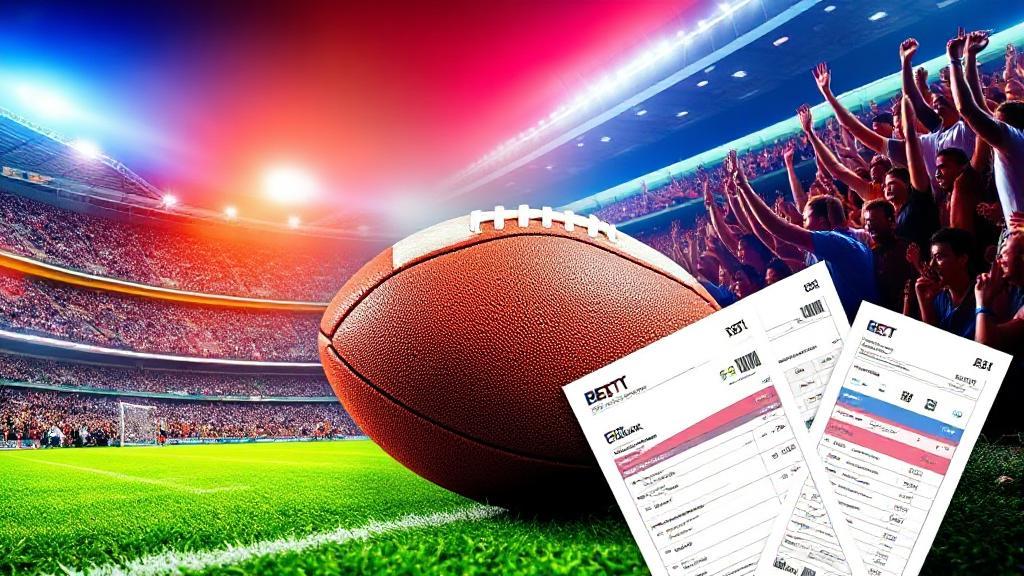 A vibrant collage of football imagery, including a stadium, a football, and betting slips, set against a backdrop of cheering fans.