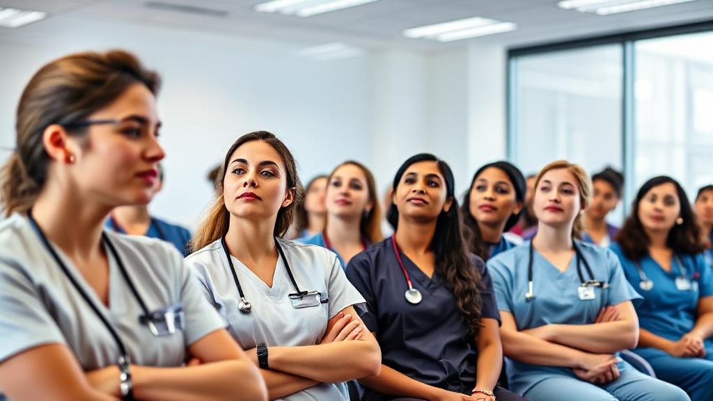A diverse group of nursing students in scrubs attentively listening to a lecture in a bright, modern classroom.