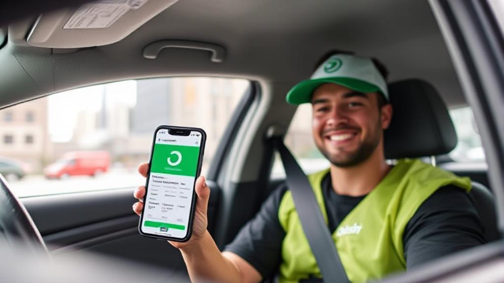 A DoorDash driver in a car, holding a smartphone with the DoorDash app open, with a cityscape in the background.