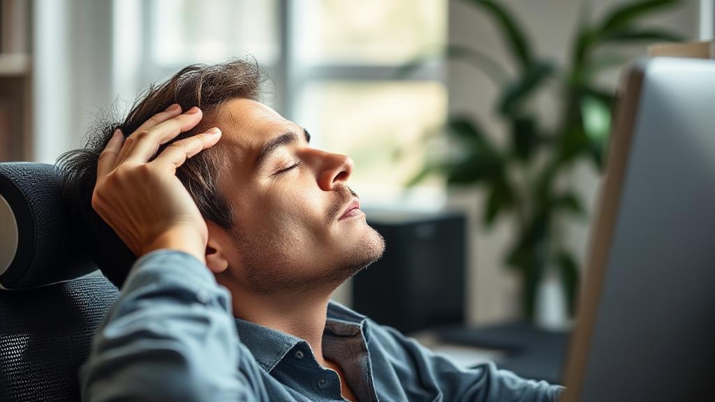 A person relaxing at a desk, gently massaging their eyes with closed lids, surrounded by soft natural light and a computer screen in the background.