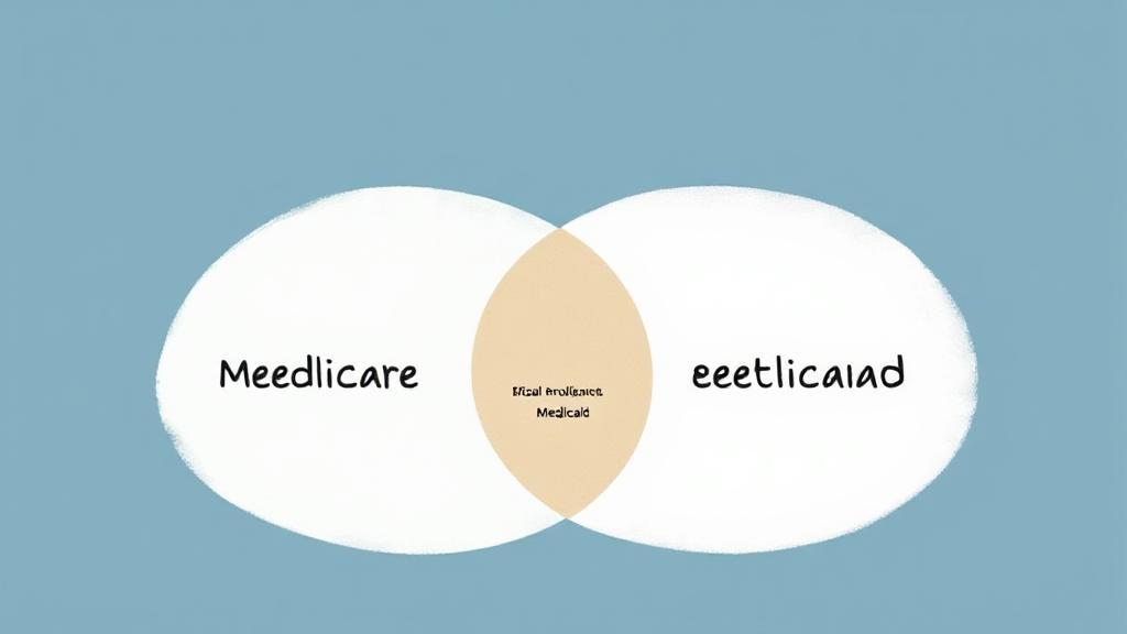 A thoughtful illustration depicting the intersection of Medicare and Medicaid, symbolized by two overlapping circles with distinct colors, highlighting the complexities of enrollment and eligibility.
