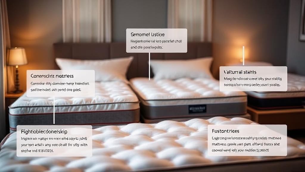 A cozy bedroom scene featuring a variety of mattresses with labels highlighting different features, set against a backdrop of soft, ambient lighting.
