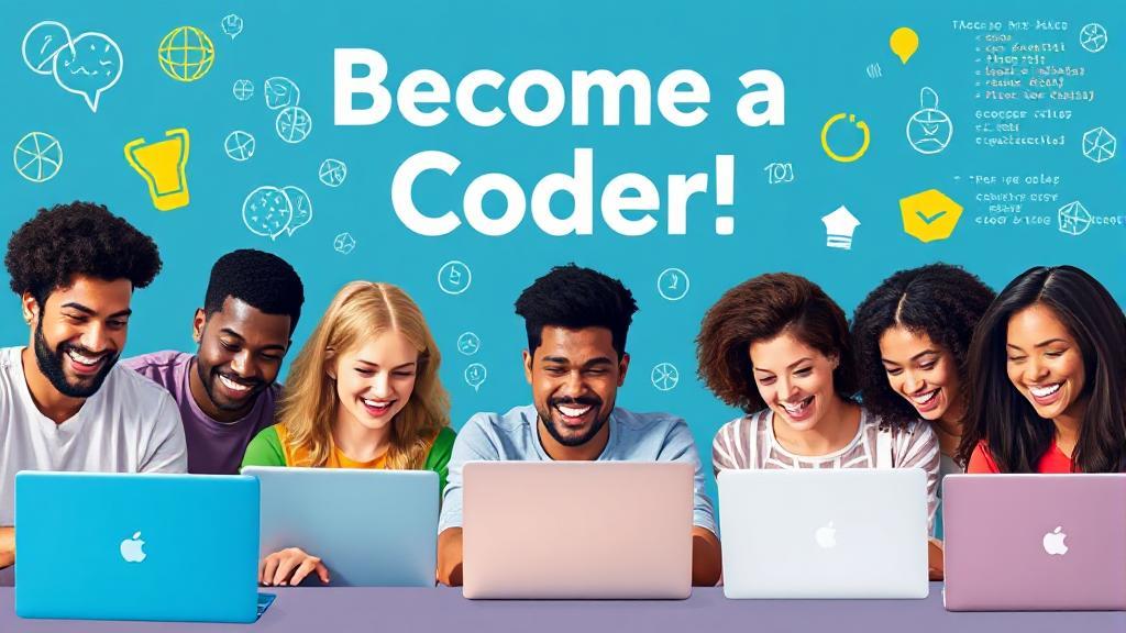 A vibrant header image featuring a diverse group of people enthusiastically coding on laptops, surrounded by digital symbols and code snippets, symbolizing the journey of becoming a coder.