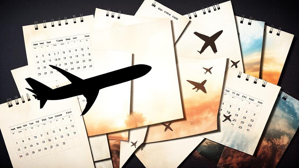 A dynamic collage of calendar pages and airplane silhouettes, illustrating the concept of timing in flight reservations.