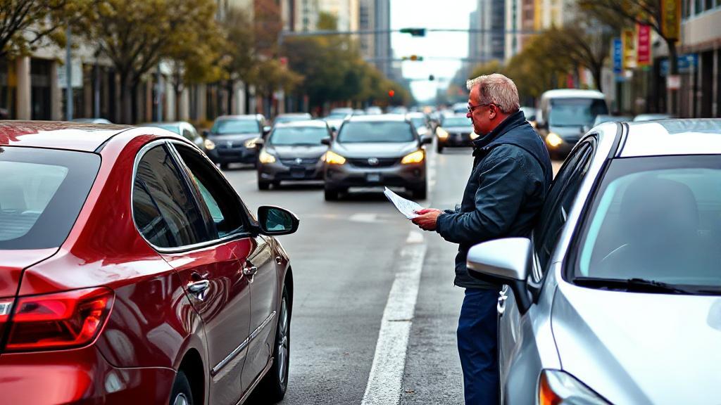 A concerned driver exchanges information with another motorist beside two slightly damaged cars on a busy city street.