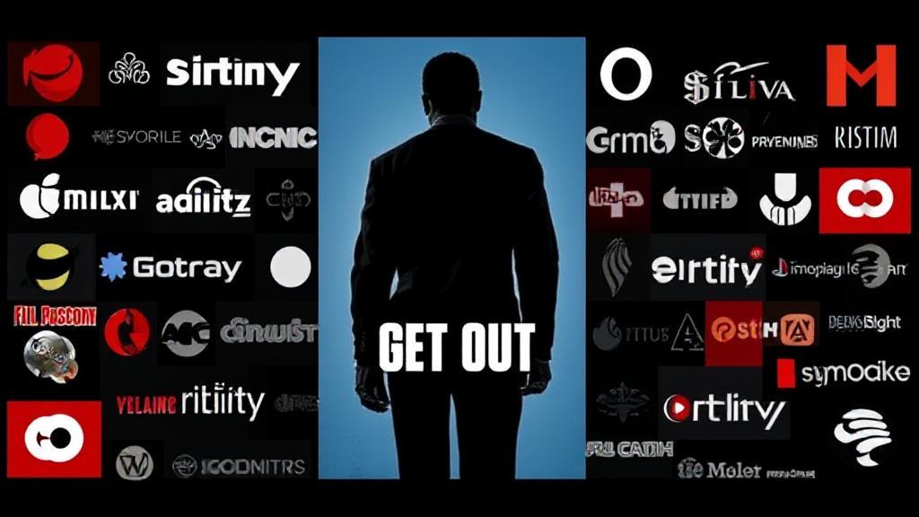 A captivating collage of streaming platform logos surrounding the iconic "Get Out" movie poster.