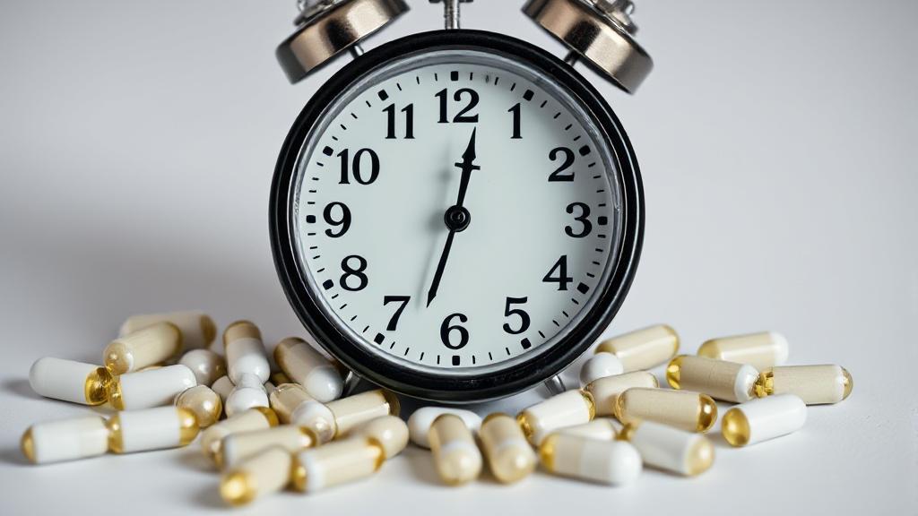 A close-up image of a clock with Linzess capsules scattered around, symbolizing the anticipation of the medication's effects.