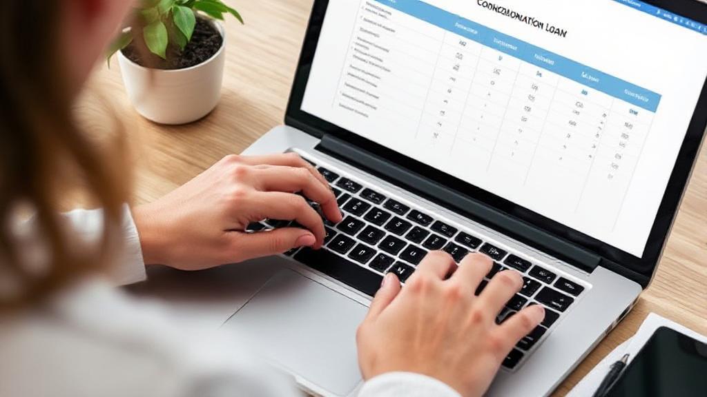 A person reviewing financial documents and loan options on a laptop, symbolizing the process of obtaining a consolidation loan.