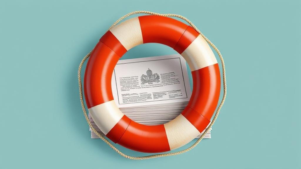 A symbolic image of a lifebuoy encircling a stack of government documents, representing financial relief and support.