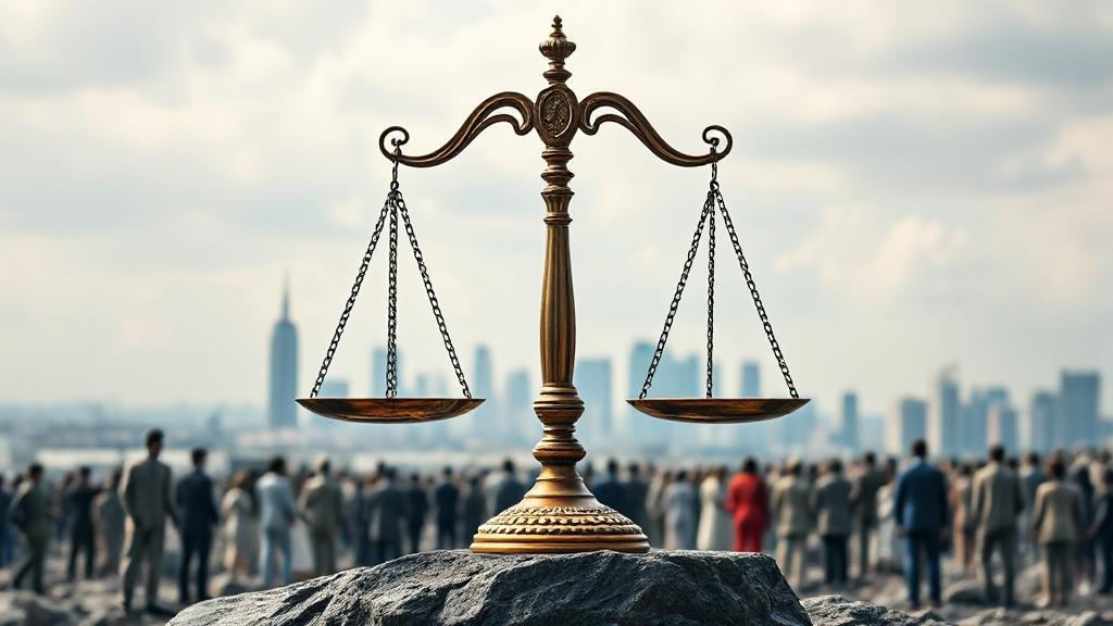 A balanced scale symbolizing justice, set against a backdrop of diverse people and cityscapes, representing the foundational role of laws in society.
