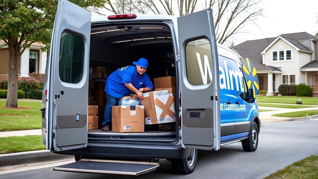 A Walmart delivery driver unloading packages from a branded van in a suburban neighborhood.