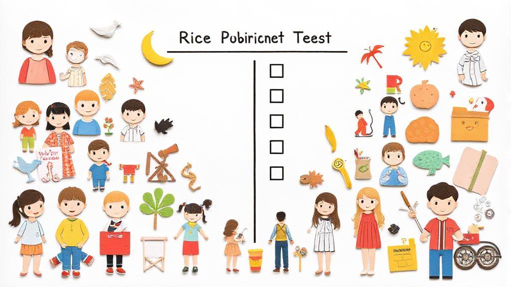 A collage of youthful icons and symbols representing innocence and experience, set against a backdrop of a checklist, illustrating the themes of the Rice Purity Test.