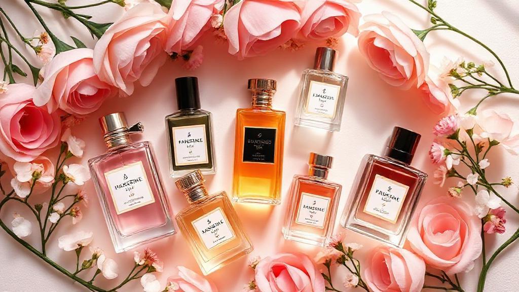 A stylish flat lay of elegant perfume bottles surrounded by delicate flowers and soft lighting, evoking luxury and femininity.