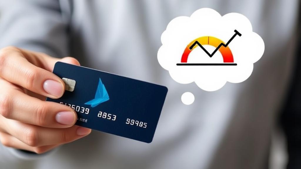 A person holding a credit card, with a thought bubble showing a fluctuating credit score graph.