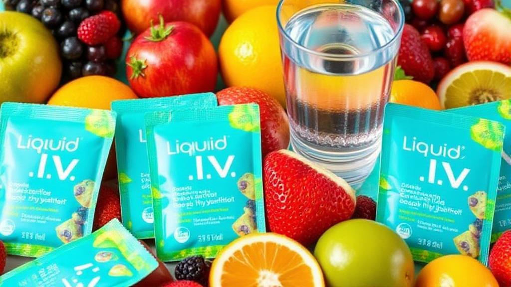 A vibrant display of Liquid I.V. hydration packets surrounded by fresh fruits and a glass of water, symbolizing hydration and wellness.