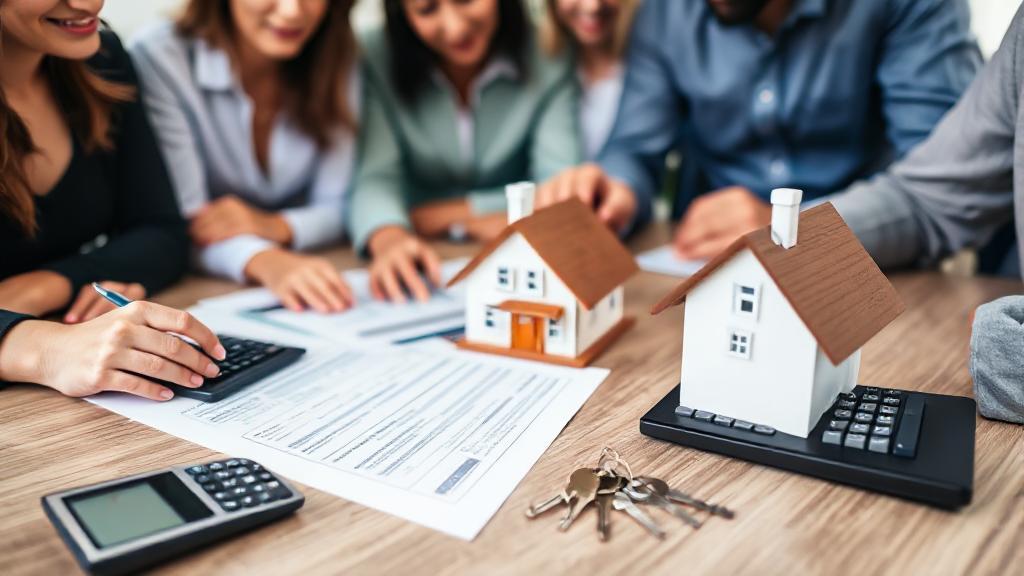 A diverse group of people reviewing financial documents and a calculator, with a house model and keys on a table, symbolizing the mortgage approval process.