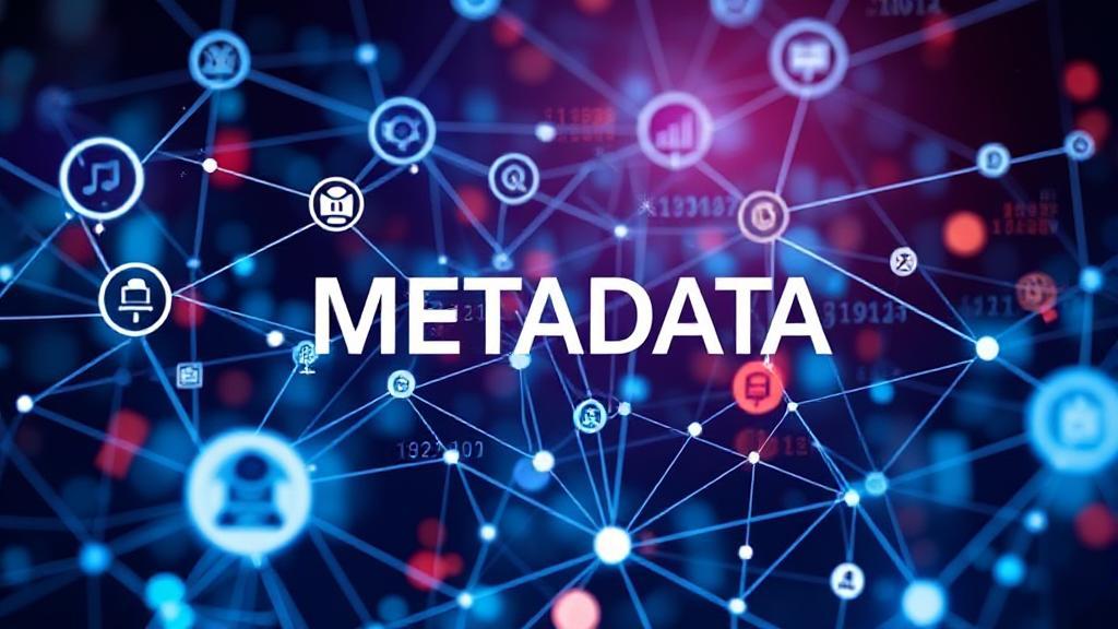 A digital collage of interconnected data symbols and abstract network lines, illustrating the concept of metadata and its significance in the digital world.