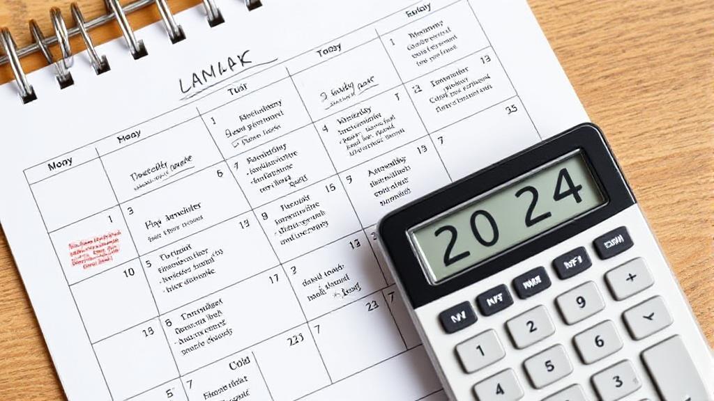 A calendar marked with important tax deadlines and a calculator placed beside it, symbolizing the 2024 tax filing schedule.