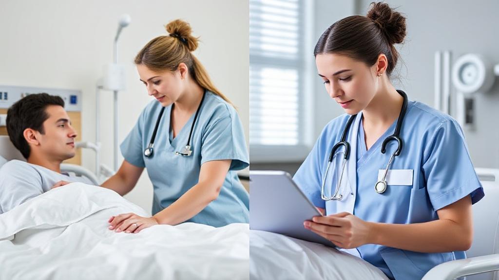 A split image depicting an LPN providing bedside care and an RN coordinating a patient care plan, highlighting their distinct roles in healthcare.