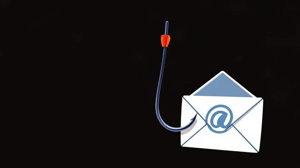 A digital illustration of a fishing hook embedded in an email icon, symbolizing the concept of phishing attacks.