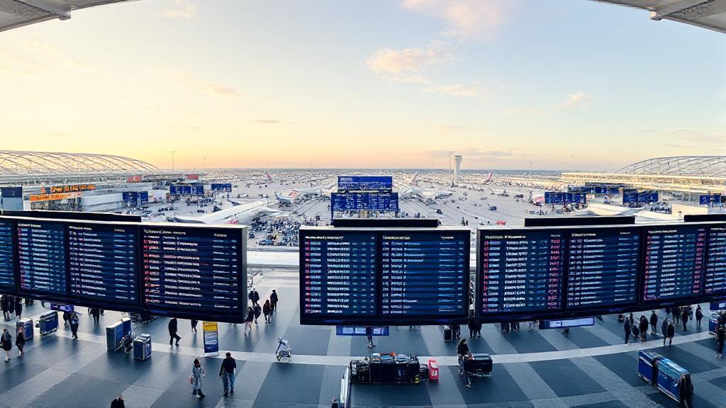 A panoramic view of a bustling airport terminal with departure boards displaying future flight dates.