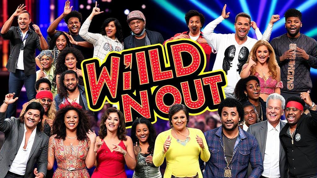 A vibrant collage of Wild 'N Out cast members in action, featuring lively performances and comedic moments against a backdrop of the show's iconic logo.