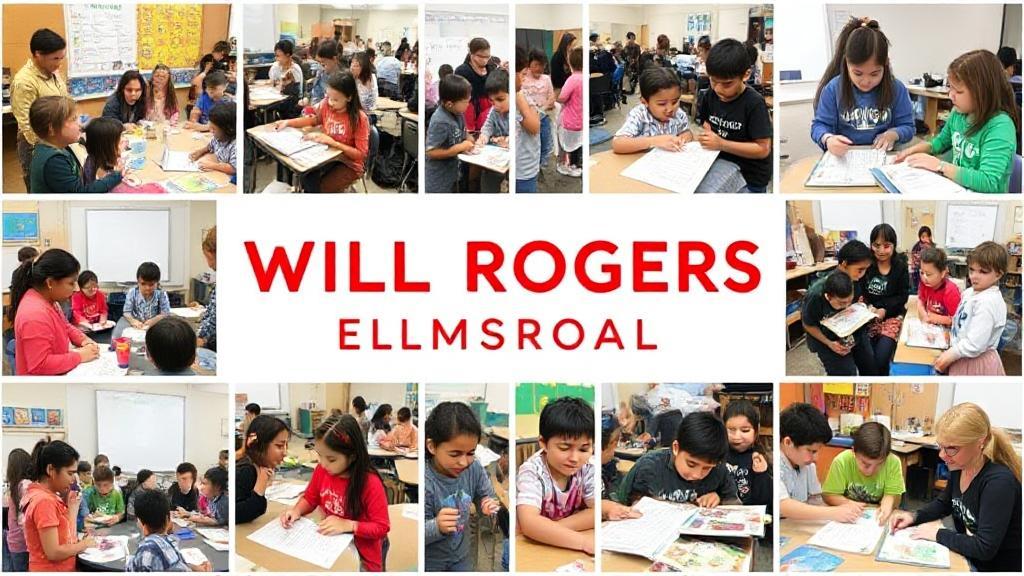 A vibrant collage of students and teachers engaged in various educational activities at Will Rogers Elementary School, highlighting community involvement and learning.