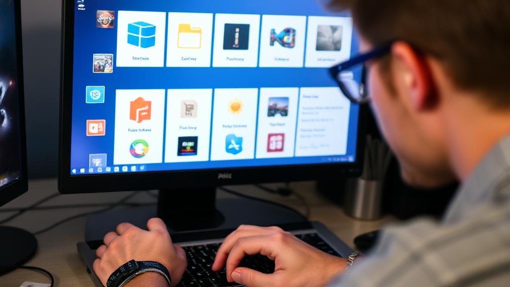 A person analyzing computer specifications on a laptop screen with icons of various software and games floating around.