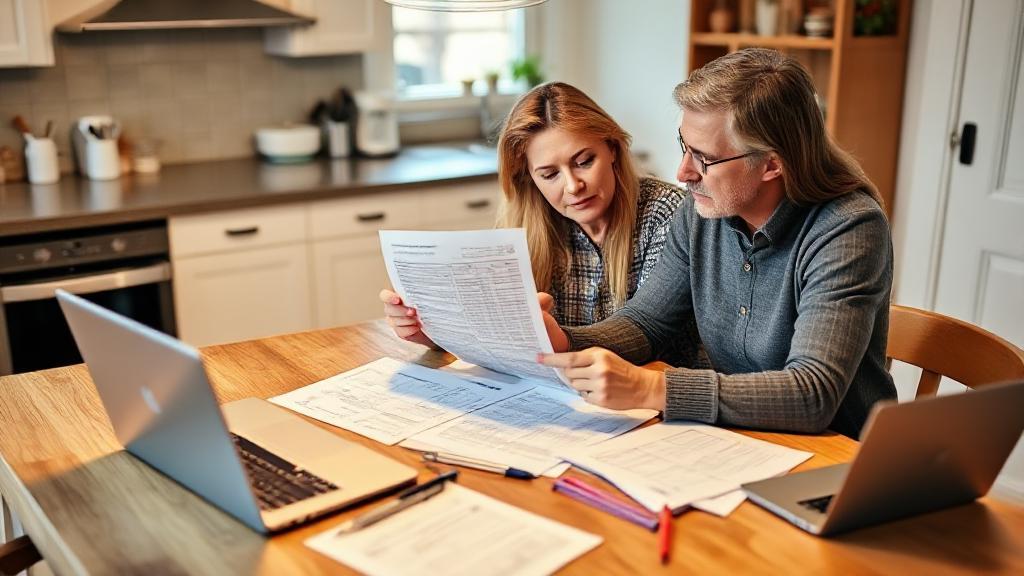 A couple reviewing tax documents together at a kitchen table, surrounded by paperwork and a laptop.