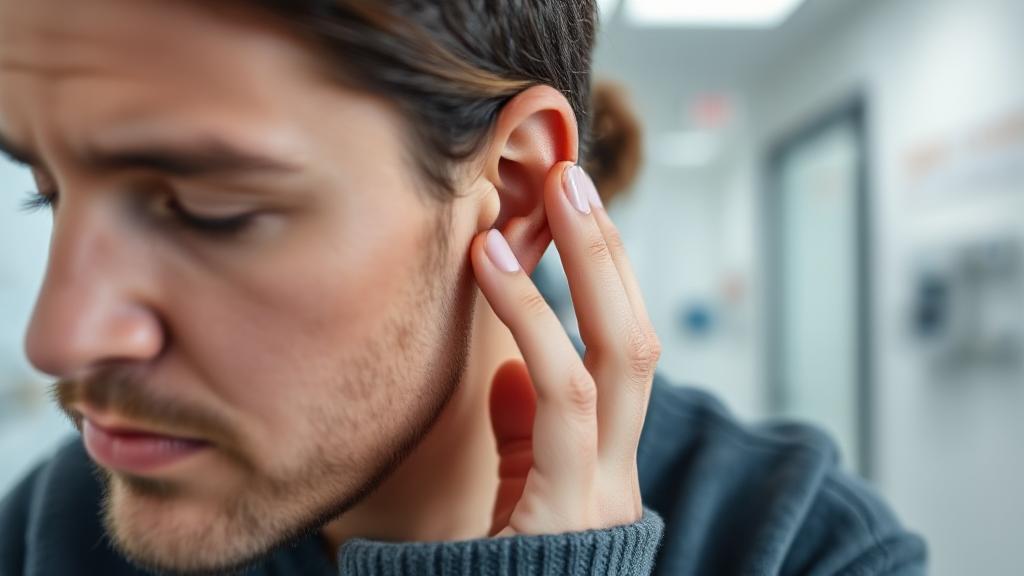 A close-up of a concerned person gently touching their ear, set against a backdrop of a medical clinic.