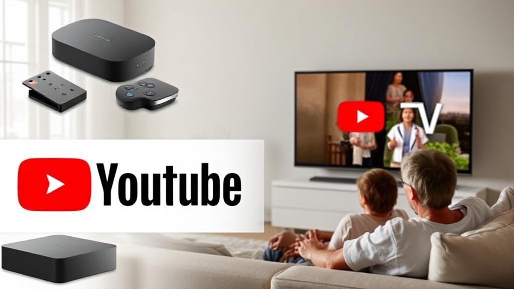 A dynamic collage of streaming devices, the YouTube TV logo, and a family enjoying a show together on a modern living room TV.