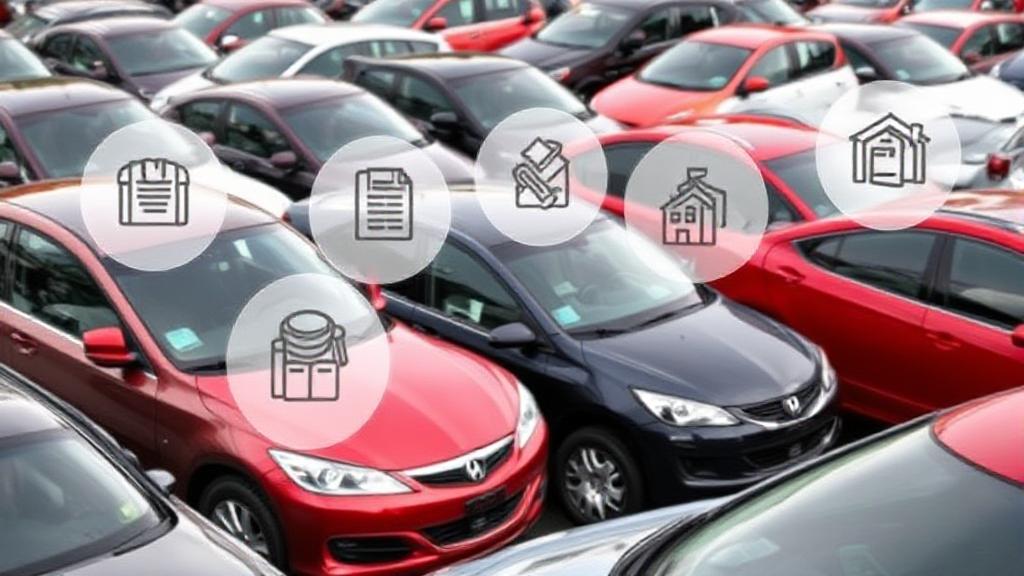 A diverse array of cars parked in a row, each with a transparent overlay of different auto insurance policy icons, symbolizing tailored coverage options.