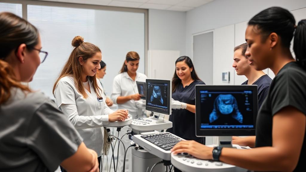 A diverse group of sonography students practicing with ultrasound machines in a modern medical training facility.