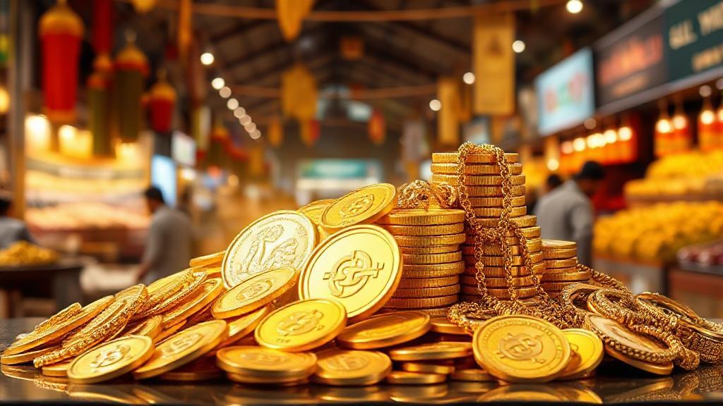 A gleaming pile of gold coins and jewelry set against a backdrop of a bustling marketplace, symbolizing lucrative opportunities for selling gold.