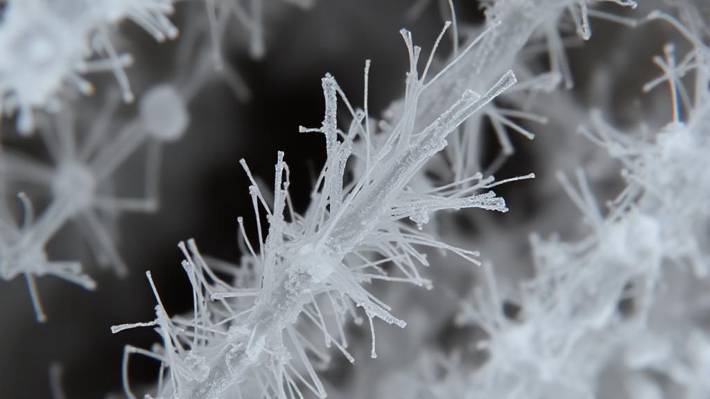 A close-up image of asbestos fibers under a microscope, highlighting their fibrous texture and intricate structure.